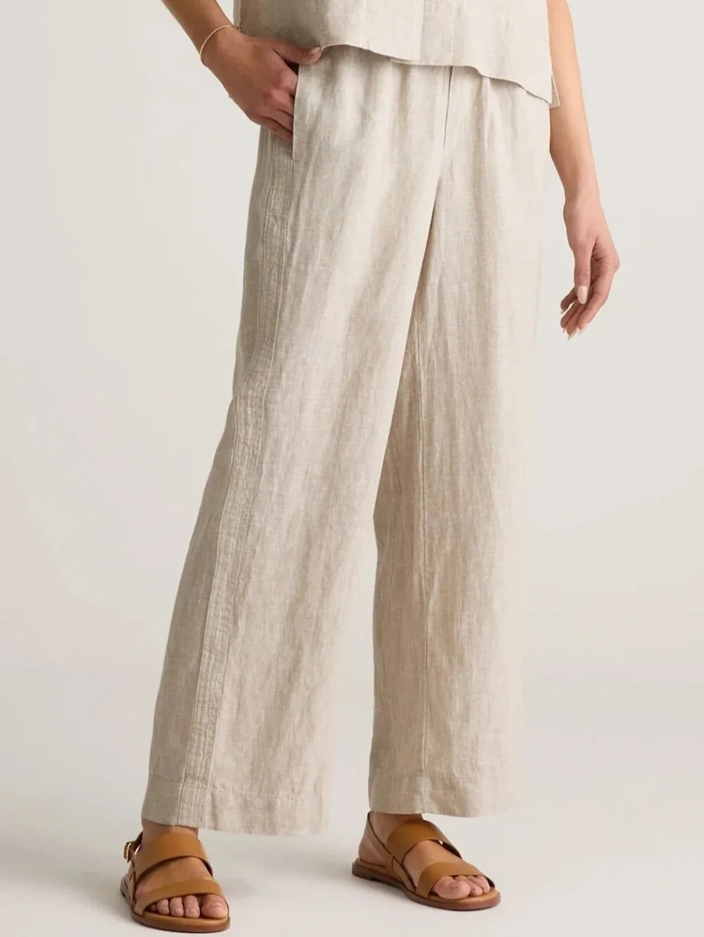Quince (Size L) Oatmeal 100% Linen Slip Pocket Elastic Pull-on Waist Crop Pants